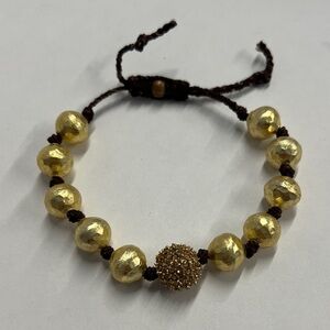 Goldtone hammered hematite macrame adjustable bracelet single crystal pave bead